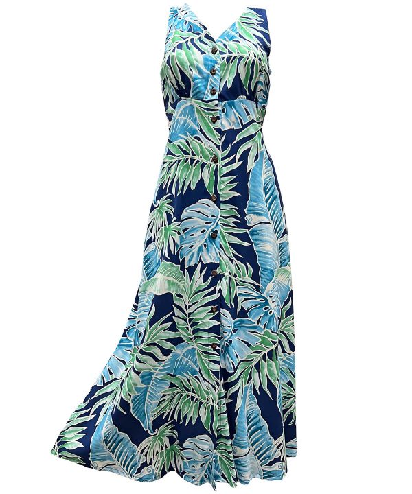 Hawaiian Cabana Palms Navy Button Front Tank Dress