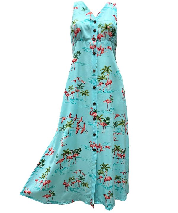 Hawaiian Fine Flamingos Lagoon Button Front Tank Dress