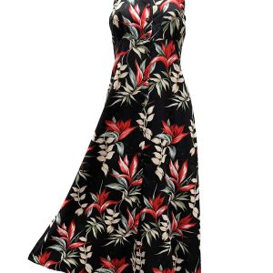 Hawaiian Heliconia Paradise Black Button Front Tank Dress
