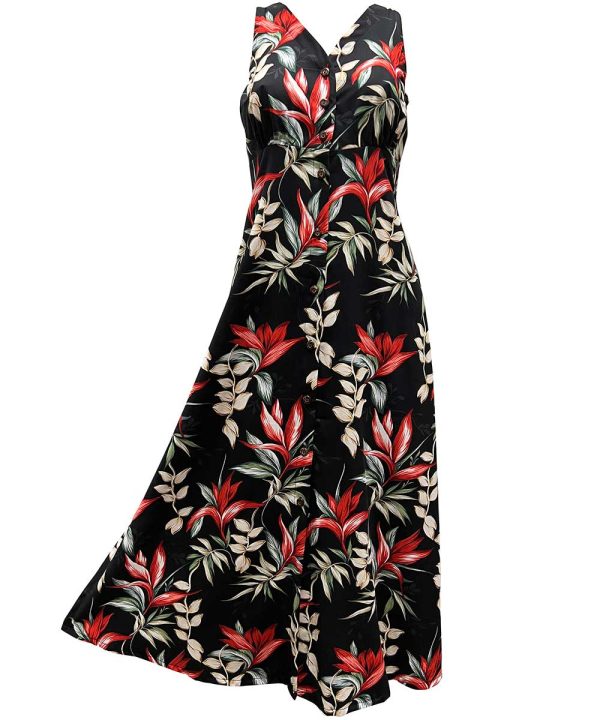 Hawaiian Heliconia Paradise Black Button Front Tank Dress