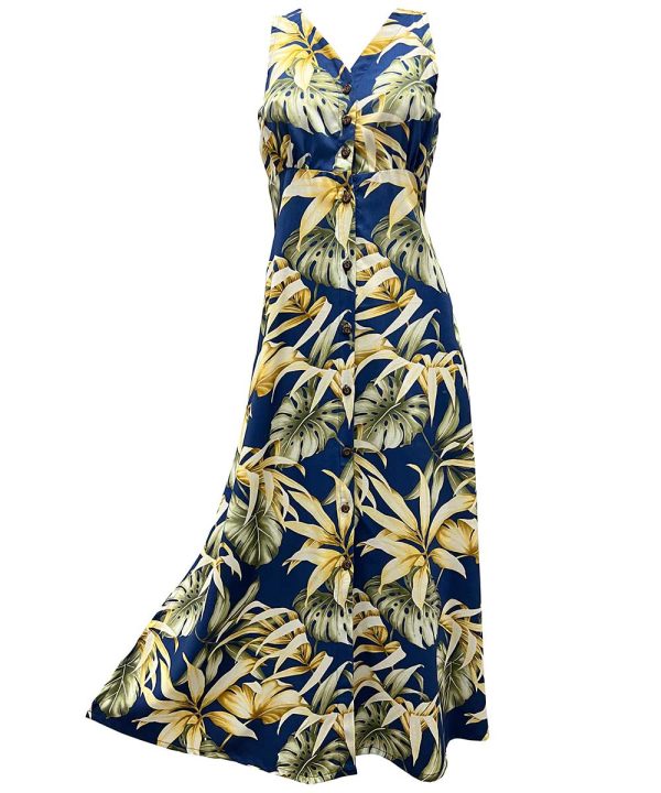 Hawaiian Rainforest Navy Button Front Tank Dress