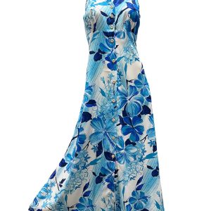 Hawaiian Watercolor Hibiscus Blue Button Front Tank Dress