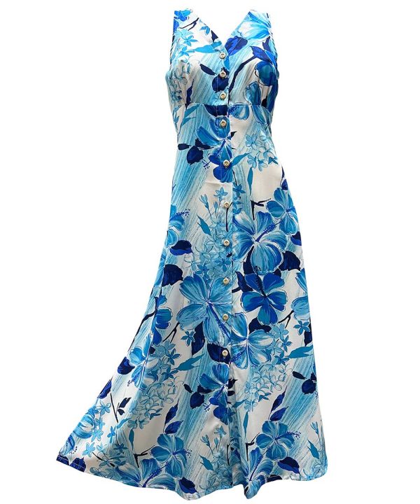 Hawaiian Watercolor Hibiscus Blue Button Front Tank Dress