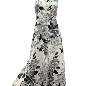 Hawaiian Watercolor Hibiscus Gray Button Front Tank Dress