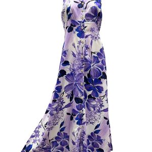 Hawaiian Watercolor Hibiscus Purple Button Front Tank Dress