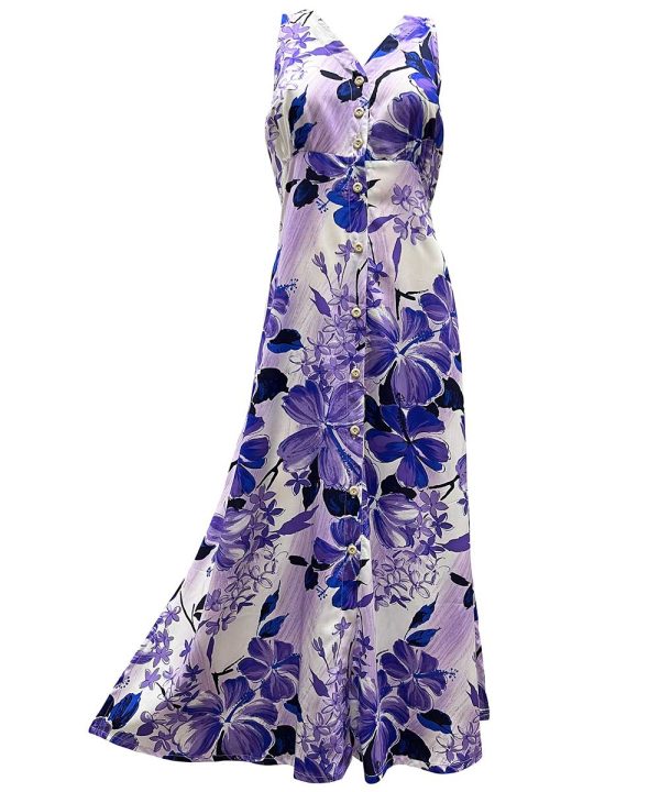 Hawaiian Watercolor Hibiscus Purple Button Front Tank Dress