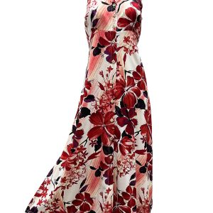Hawaiian Watercolor Hibiscus Red Button Front Tank Dress
