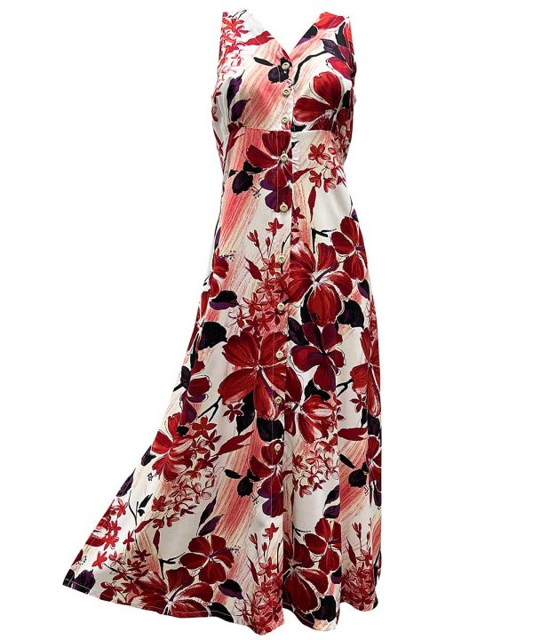 Hawaiian Watercolor Hibiscus Red Button Front Tank Dress