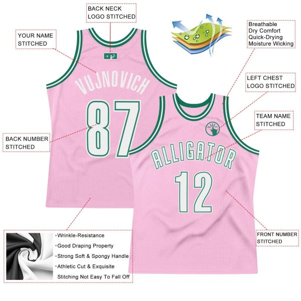Light Pink White-Kelly Green Authentic Throwback Personalized Basketball Jersey - Image 2