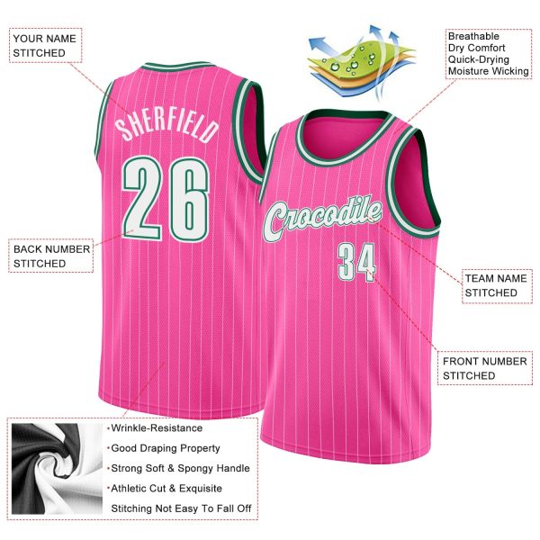 Pink White Pinstripe White-Kelly Green Authentic Basketball Jersey - Image 2