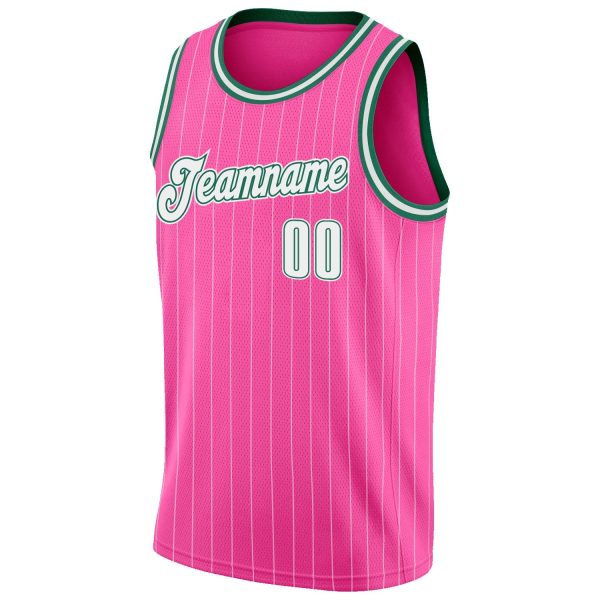 Pink White Pinstripe White-Kelly Green Authentic Personalized Basketball Jersey - Image 5