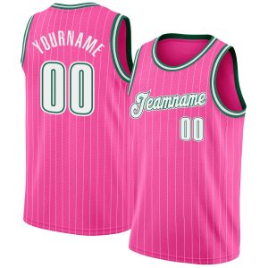 Pink White Pinstripe White-Kelly Green Authentic Basketball Jersey