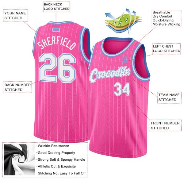 Pink White Pinstripe White-Light Blue Authentic Personalized Basketball Jersey - Image 2