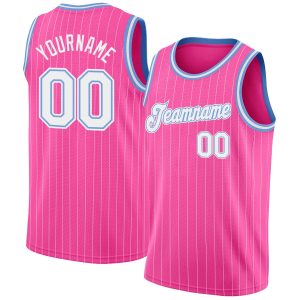 Pink White Pinstripe White-Light Blue Authentic Personalized Basketball Jersey