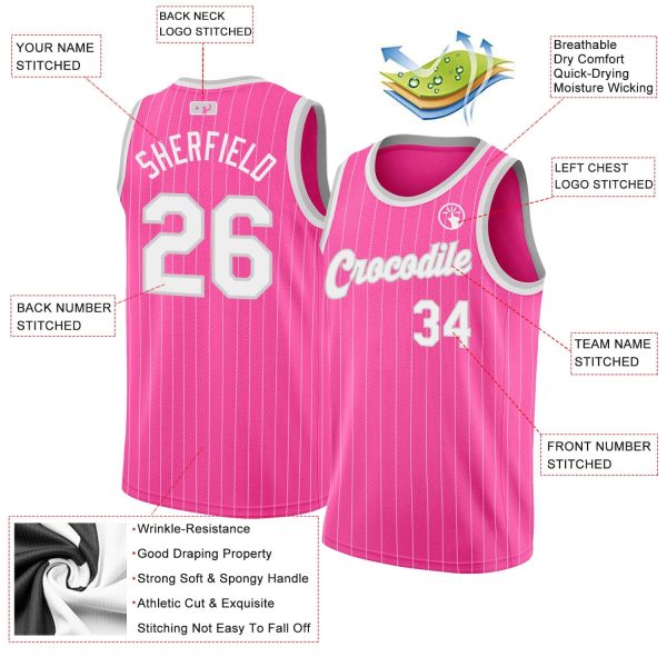 Pink White Pinstripe White-Gray Authentic Personalized Basketball Jersey - Image 2