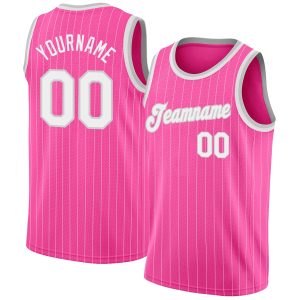 Pink White Pinstripe White-Gray Authentic Personalized Basketball Jersey