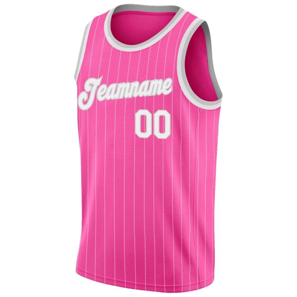 Pink White Pinstripe White-Gray Authentic Personalized Basketball Jersey - Image 5