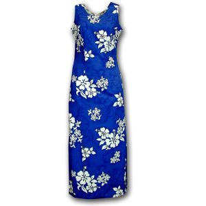 White Flower Blue Long Tank Dress for Beach and Casual Wear