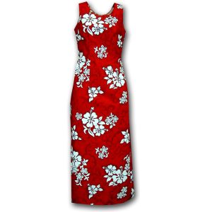 White Flower Red Long Tank Dress for Beach and Casual Wear