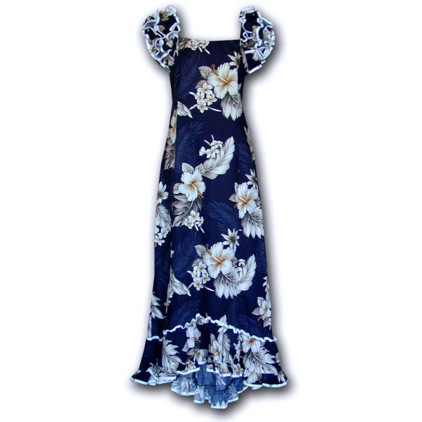 Floral Garden Navy Ruffle Shoulder Muumuu for Beach and Casual Wear