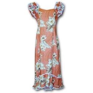 Floral Garden Peach Ruffle Shoulder Muumuu for Beach and Casual Wear