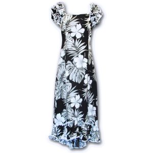 Big Hibiscus Black Ruffle Shoulder Muumuu for Beach and Casual Wear