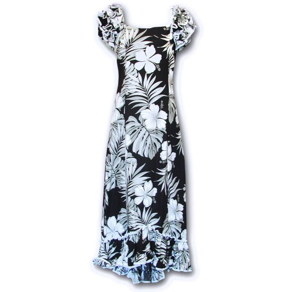 Big Hibiscus Black Ruffle Shoulder Muumuu for Beach and Casual Wear