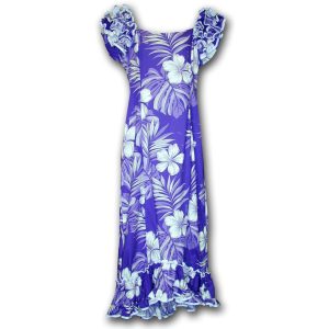 Big Hibiscus Purple Ruffle Shoulder Muumuu for Beach and Casual Wear
