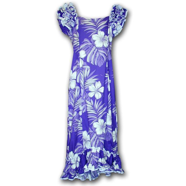 Big Hibiscus Purple Ruffle Shoulder Muumuu for Beach and Casual Wear