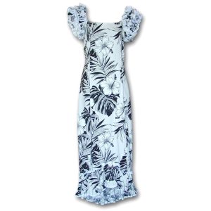 Big Hibiscus White Ruffle Shoulder Muumuu for Beach and Casual Wear