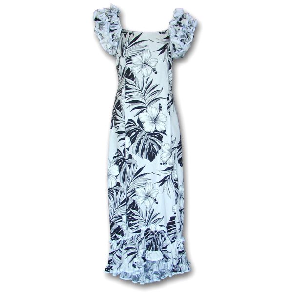 Big Hibiscus White Ruffle Shoulder Muumuu for Beach and Casual Wear
