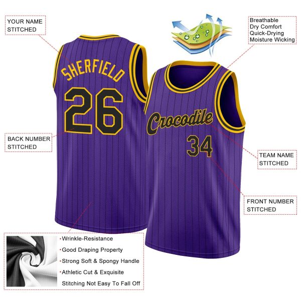 Purple Black Pinstripe Black-Gold Authentic Personalized Basketball Jersey - Image 2
