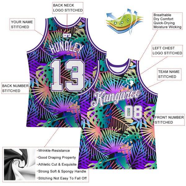 Purple White-Purple 3D Pattern Tropical Hawaii Plants Authentic Personalized Basketball Jersey - Image 2