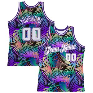 Purple White-Purple 3D Pattern Tropical Hawaii Plants Authentic Personalized Basketball Jersey