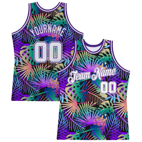 Purple White-Purple 3D Pattern Tropical Hawaii Plants Authentic Personalized Basketball Jersey