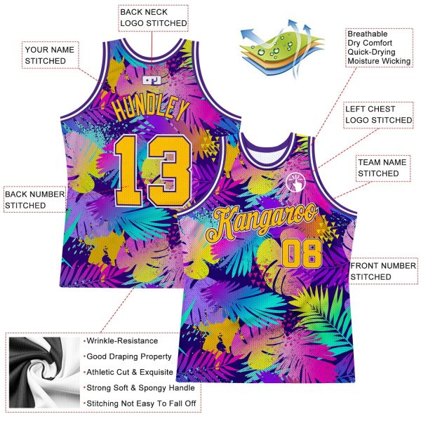 Purple Gold-White 3D Pattern Tropical Hawaii Plants Authentic Personalized Basketball Jersey - Image 2