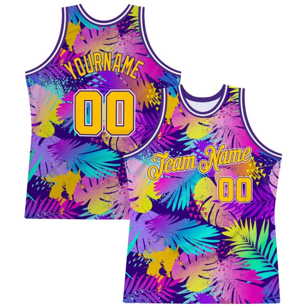 Purple Gold-White 3D Pattern Tropical Hawaii Plants Authentic Personalized Basketball Jersey