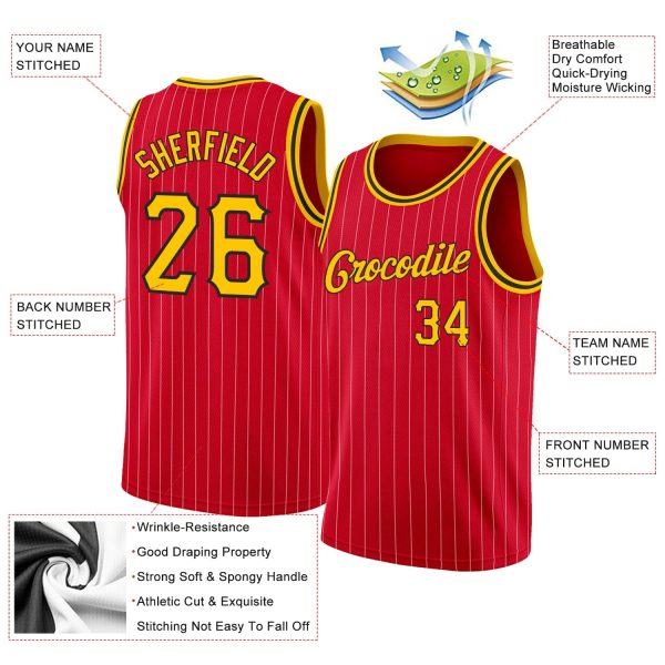 Red Gold Pinstripe Gold-Black Authentic Personalized Basketball Jersey - Image 2