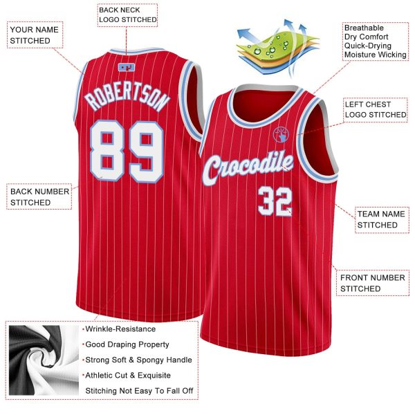 Red White Pinstripe White-Light Blue Authentic Personalized Basketball Jersey - Image 2