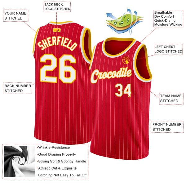 Red White Pinstripe White-Gold Authentic Personalized Basketball Jersey - Image 2
