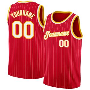 Red White Pinstripe White-Gold Authentic Personalized Basketball Jersey