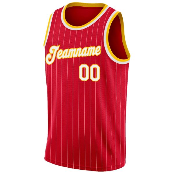 Red White Pinstripe White-Gold Authentic Personalized Basketball Jersey - Image 5