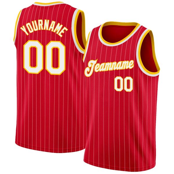 Red White Pinstripe White-Gold Authentic Personalized Basketball Jersey