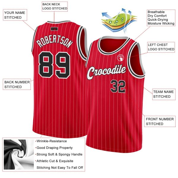 Red White Pinstripe Black-White Authentic Personalized Basketball Jersey - Image 2