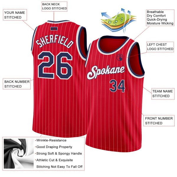 Red White Pinstripe Navy-White Authentic Personalized Basketball Jersey - Image 2