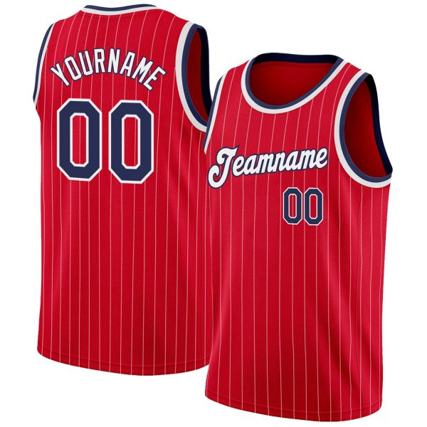 Red White Pinstripe Navy-White Authentic Personalized Basketball Jersey