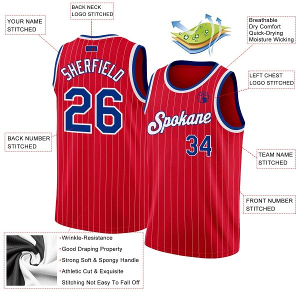 Red White Pinstripe Royal-White Authentic Personalized Basketball Jersey - Image 2