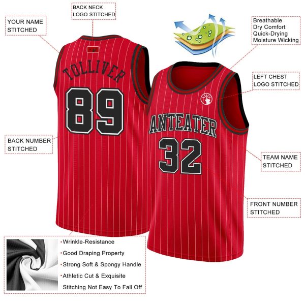 Red White Pinstripe Black-White Authentic Personalized Basketball Jersey - Image 2