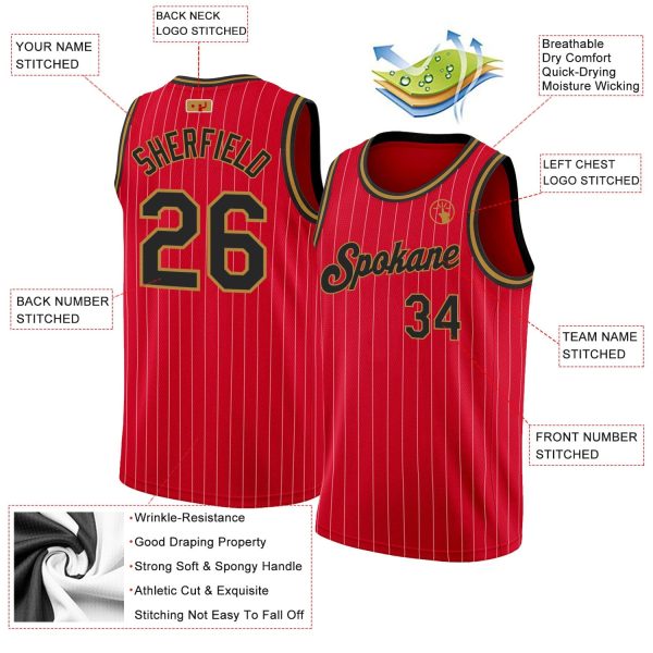 Red White Pinstripe Black-Old Gold Authentic Personalized Basketball Jersey - Image 2