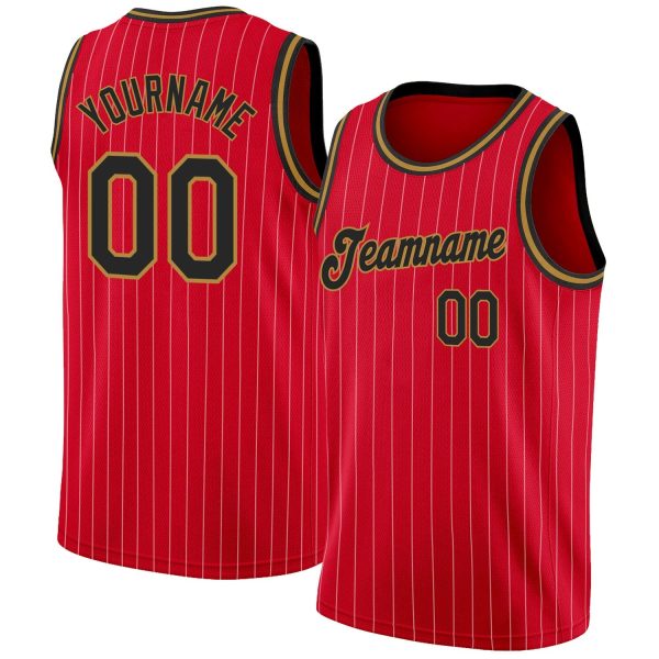 Red White Pinstripe Black-Old Gold Authentic Personalized Basketball Jersey